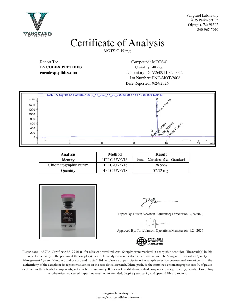 First page of the certificate of analysis for lot ENC-MOT-2608