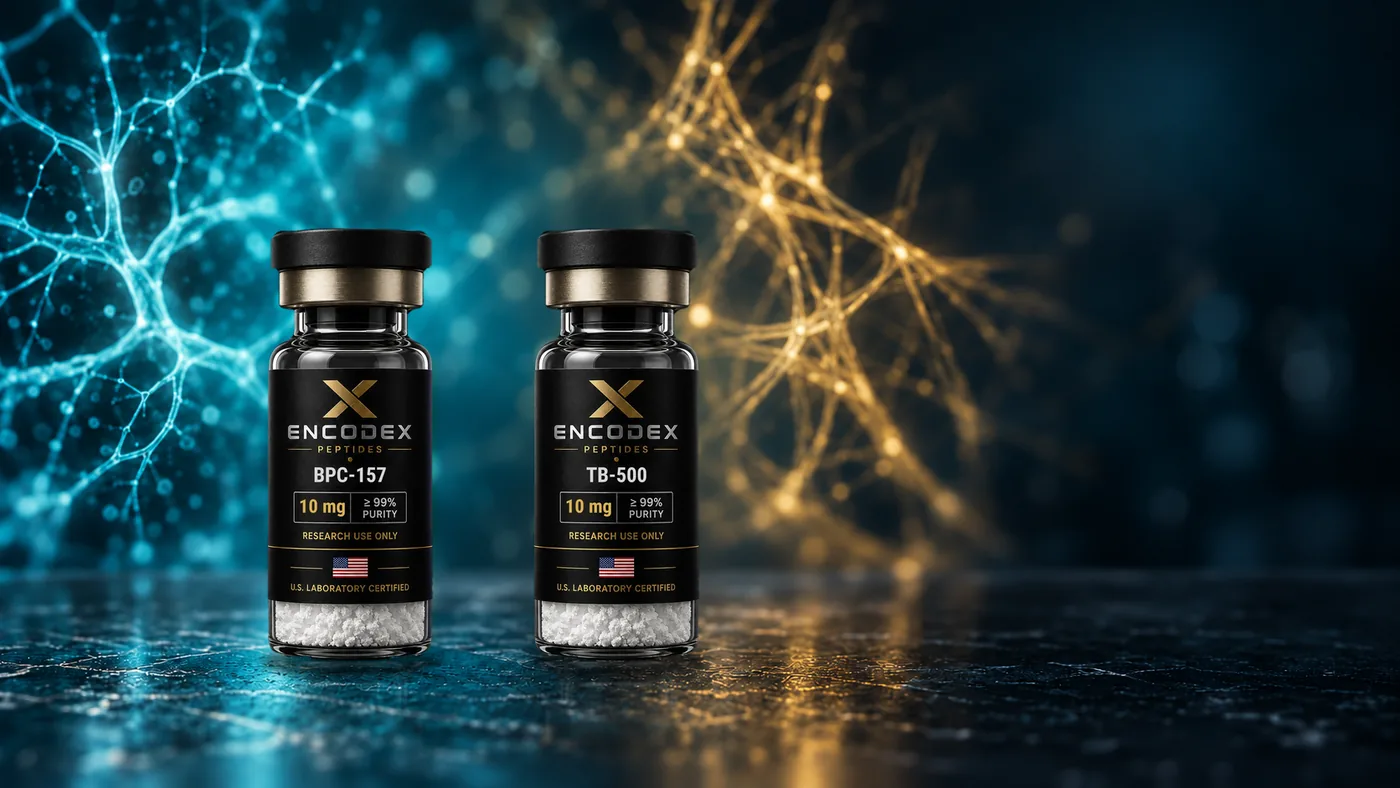 Vials of BPC-157 and TB-500 in front of soft images of blood vessels and cell filaments