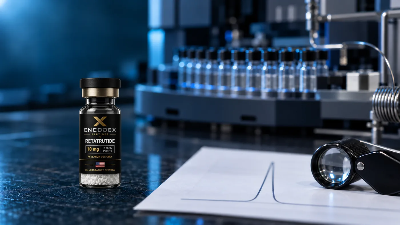 A research peptide vial beside an HPLC autosampler and a blurred chromatogram with one main peak