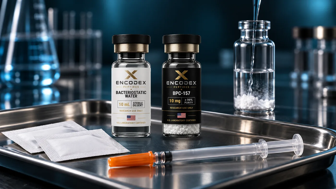 A peptide vial, a bacteriostatic water vial, alcohol swabs and a capped syringe laid out on a lab tray