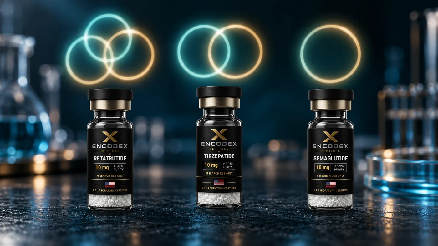 Vials of retatrutide, tirzepatide and semaglutide with three, two and one rings of light behind them