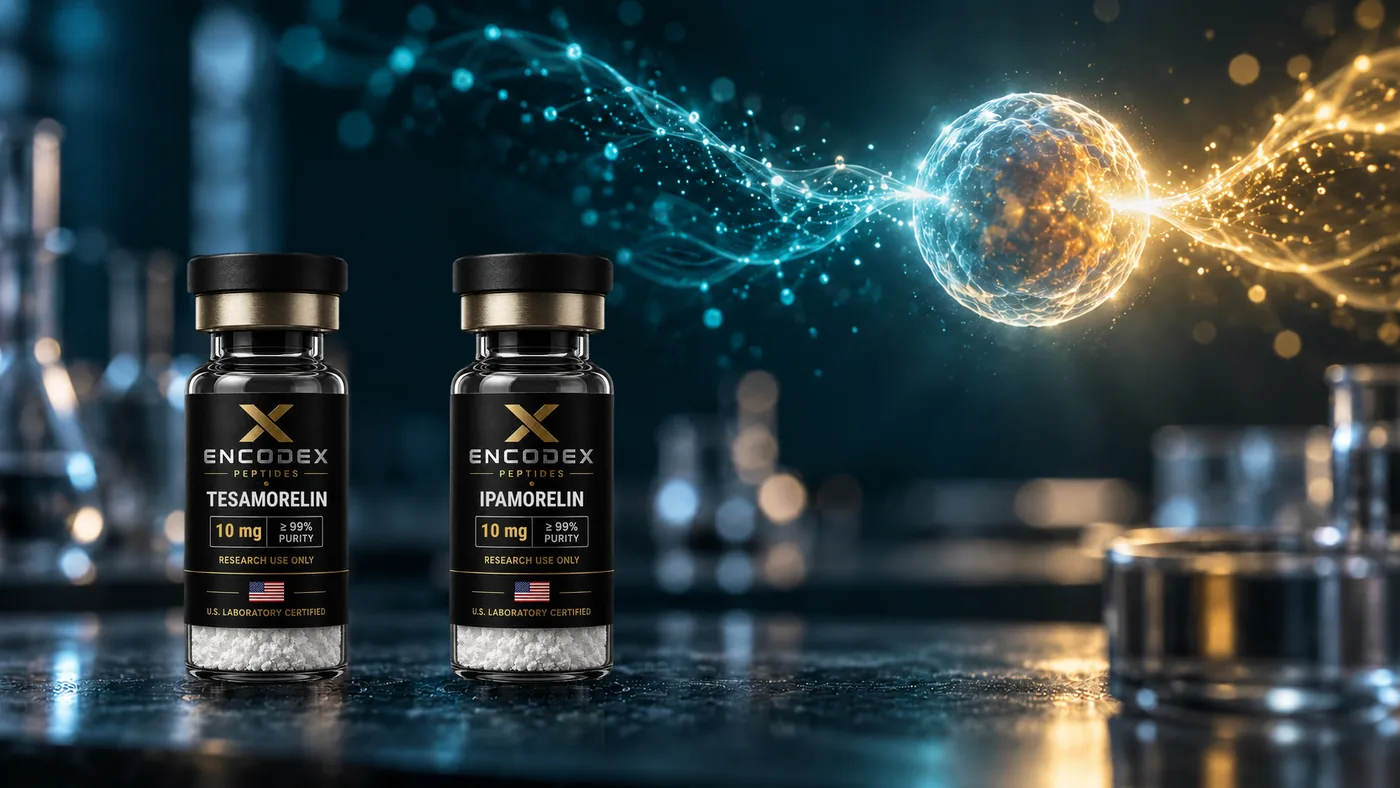 Vials of tesamorelin and ipamorelin with two streams of light converging on one cell